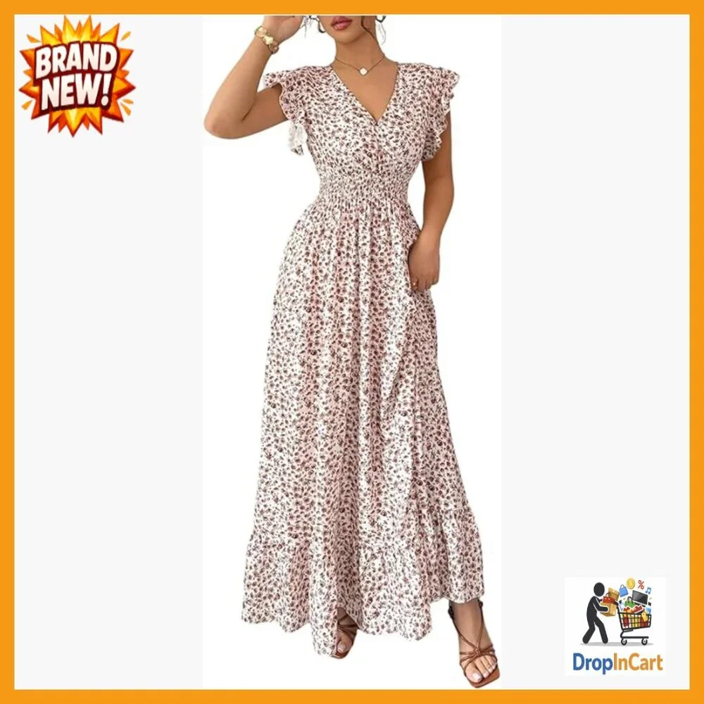 Ditsy Floral Wrap Maxi Dress V Neck Ruffle Sleeve Flowy Elegant Boho Chic